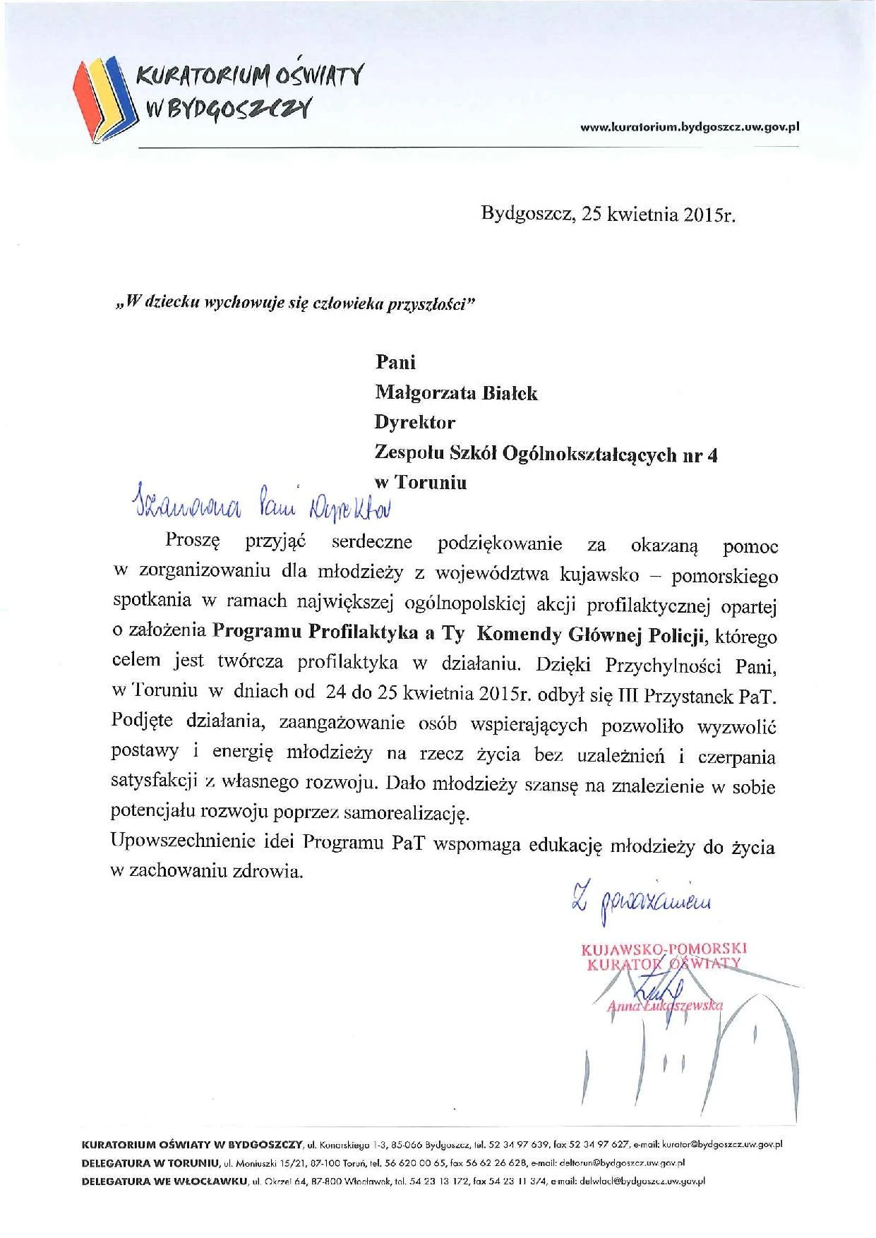 Podziękowania za organizację konferencji PaT