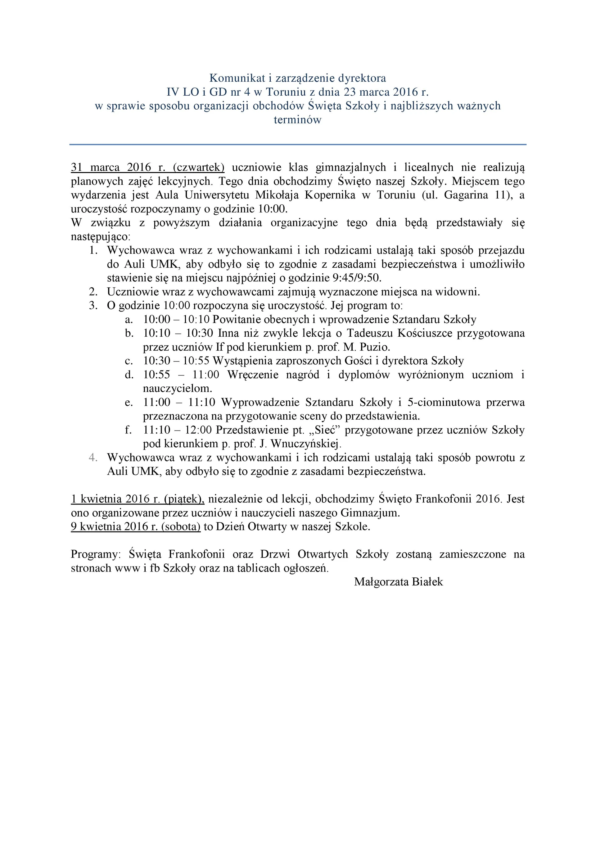 Komunikat i zarządzenie dyrektora ws. obchodów Święta Szkoły