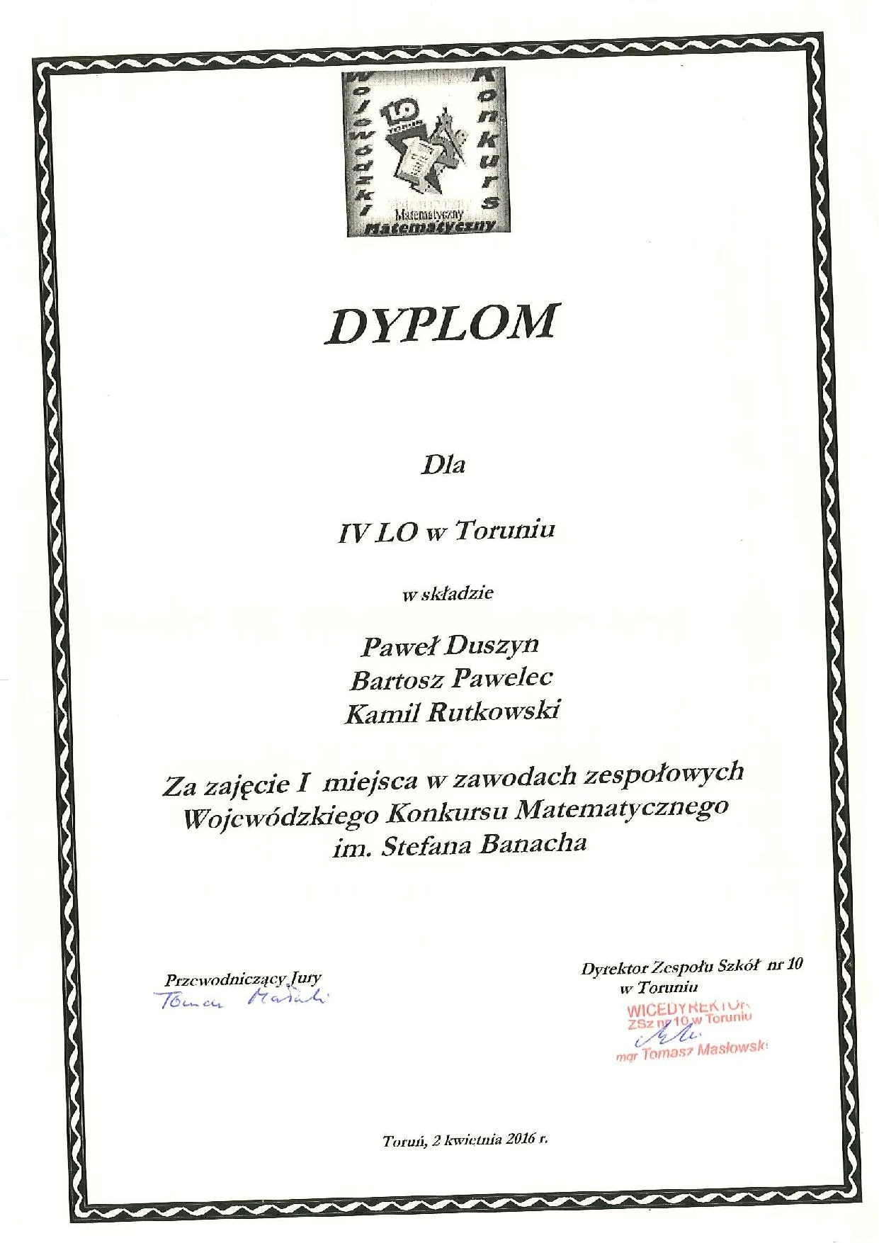 Osiągnięcia naszych uczniów w finale Wojewódzkiego Knkursu Matematycznego im. Banacha