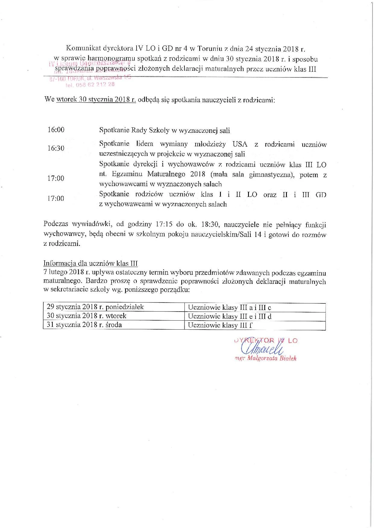 30 stycznia zapraszamy na wywiadówkę i posiedzenie Rady Szkoły