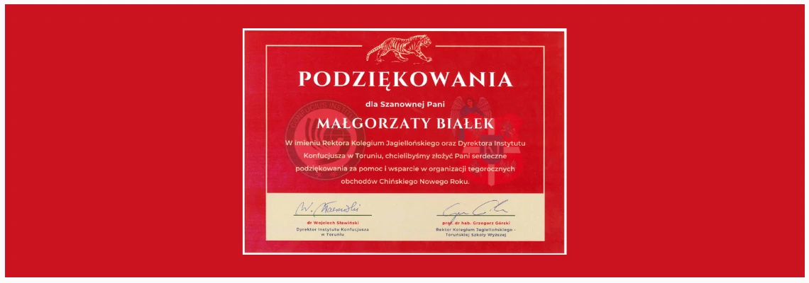 Podziękowania od Rektora Kolegium Jagiellońskiego i Dyrektora Instytutu Konfucjusza w Toruniu