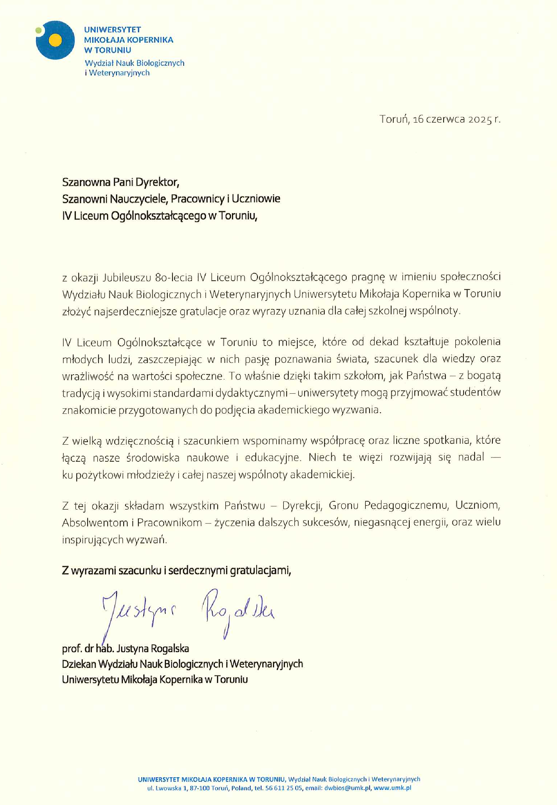 Gratulacje od Pani Dziekan WNBiW UMK Toruń