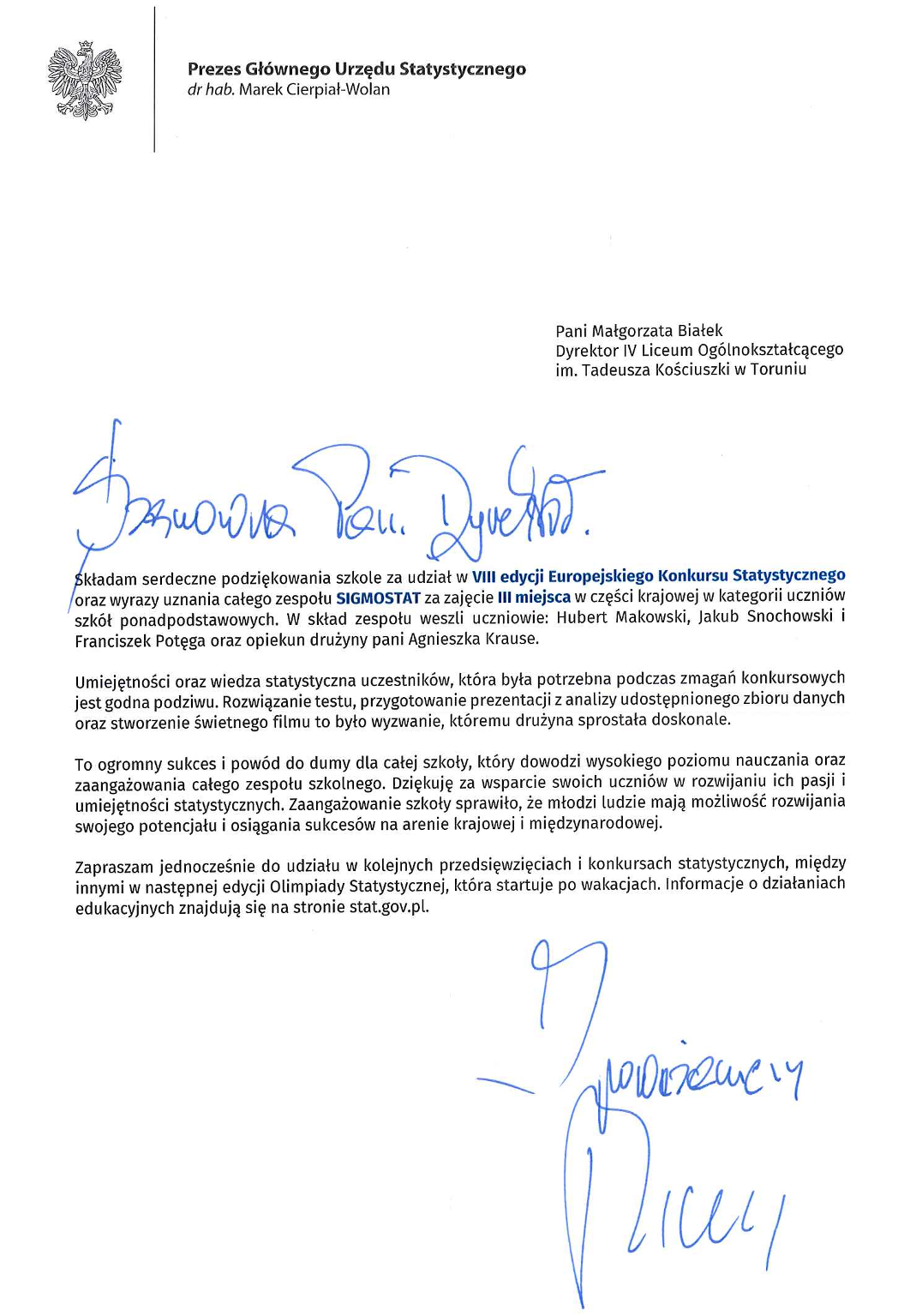 Podziękowania od Prezesa Głównego Urzędu Statystycznego, dr. hab. Marka Cierpiał-Wolana