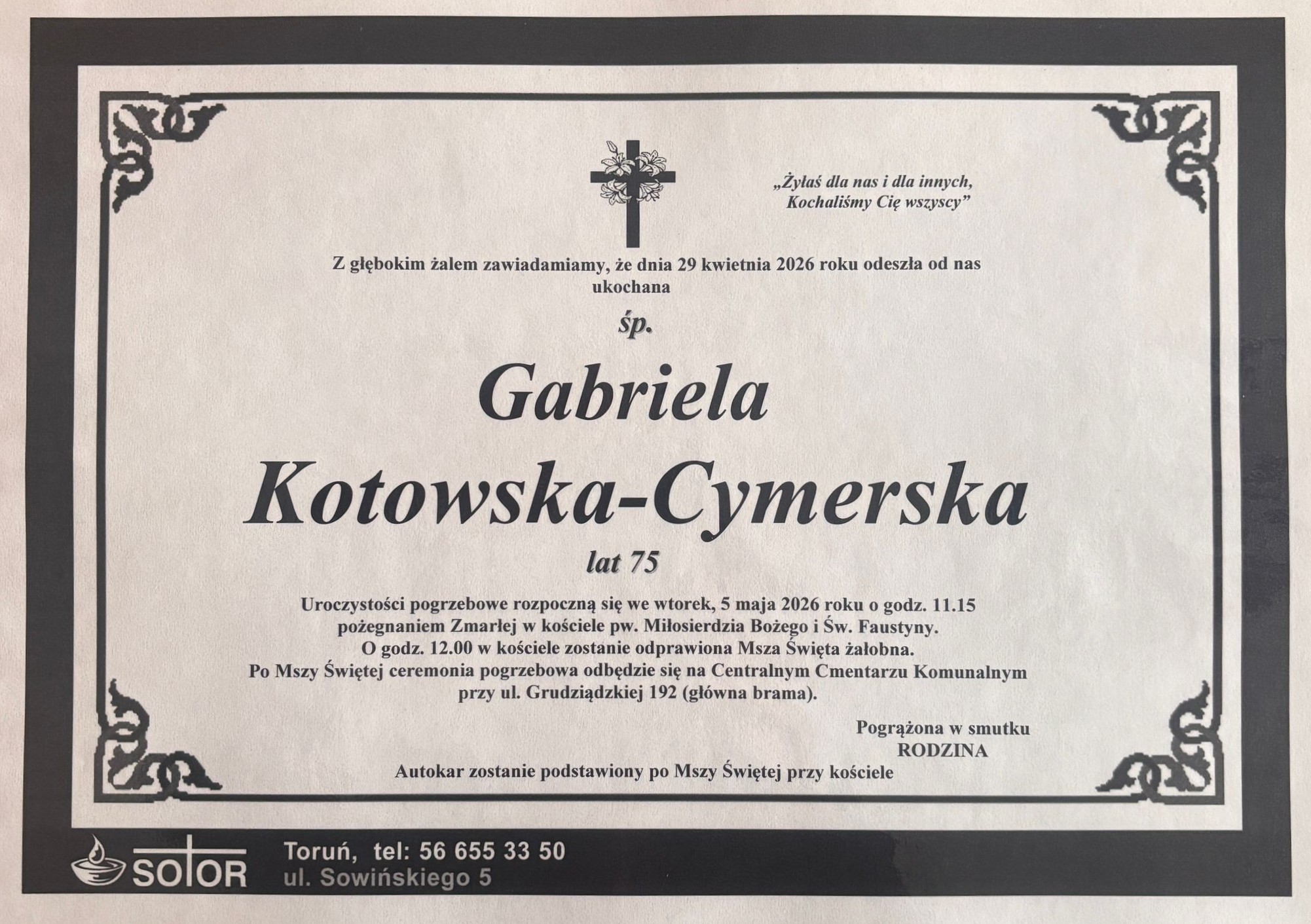 Ze smutkiem żegnamy panią Gabrielę Kotowską-Cymerską